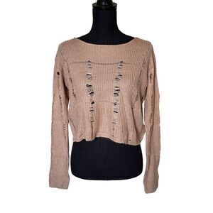 C’est Toi Womens Crop Top Light Brown Tan Open Knit Round Neck Long Sleeve Sweat